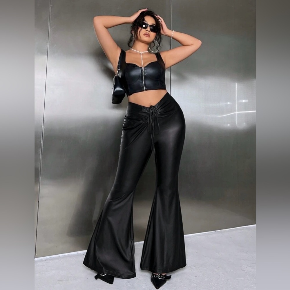 SHEIN ICON Plus Drawstring Waist Flare Leg PU Leather Pants Black